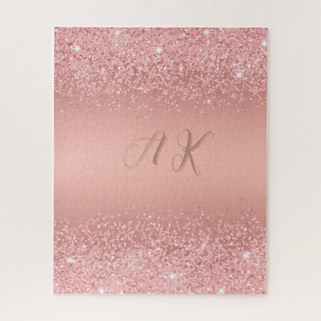Puzzle Rose Gold Élégant Luxe Monogramme Pailleté (Vertical)