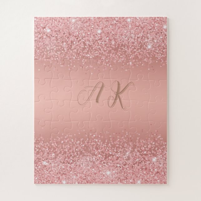 Puzzle Rose Gold Élégant Luxe Monogramme Pailleté (Vertical)