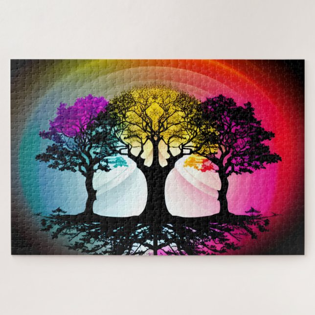 Puzzle Rose jaune et violet sur les silhouettes d'arbre n (Horizontal)