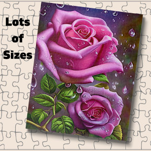 Puzzle Rose rose avec Raindrops & Feuilles verts
