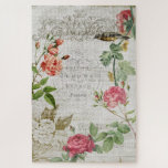 Puzzle Rose rose vintage et typographie Ephemera<br><div class="desc">Elégant et romantique vintage rose roses et oiseau sur grungy ecru parchemin arrière - plan avec ornement gravé orné,  notation musicale,  hydrangée et typographie.</div>