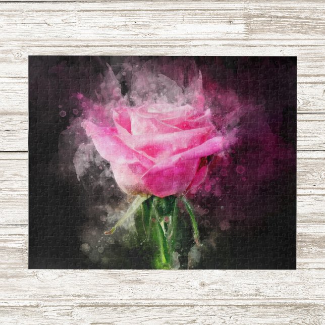 Puzzle Rose roseau aquarelle sur fond noir (Pink Rose Watercolor on Black Background. Jigsaw Puzzle)