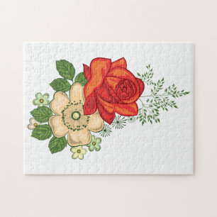 Puzzle Rose rouge et marguerites