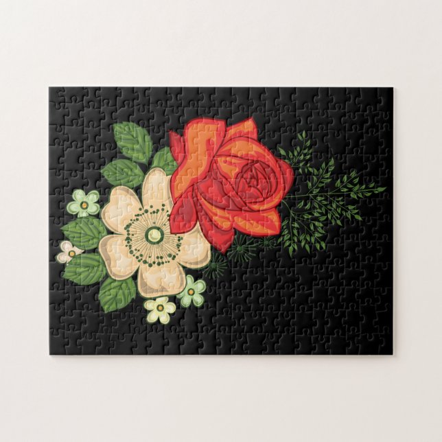 Puzzle Rose rouge et marguerites sur fond noir (Horizontal)