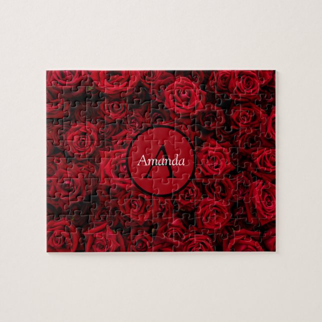 Puzzle Rose rouge romantique Valentine monogramme personn (Horizontal)