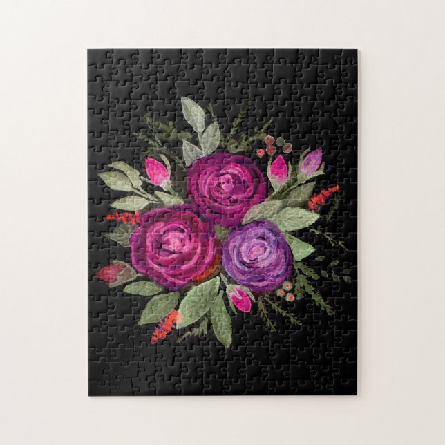 Puzzle Roses aquarelle sur fond noir, aquarelle (Vertical)