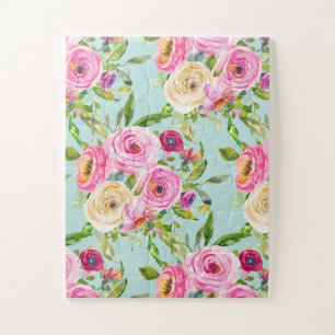 Puzzle Roses aquarelles roses et crème sur fond aqua