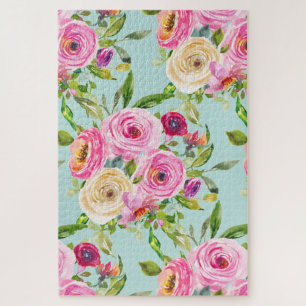 Puzzle Roses aquarelles roses et crème sur fond aqua