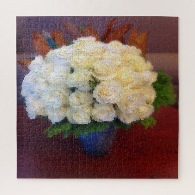 Puzzle Roses blanches dans un vase bleu (Vertical)