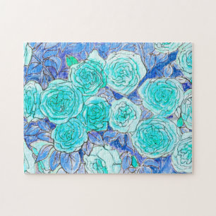Puzzle Roses Bleus, Vert Feuille Rose Jardin Fleur été