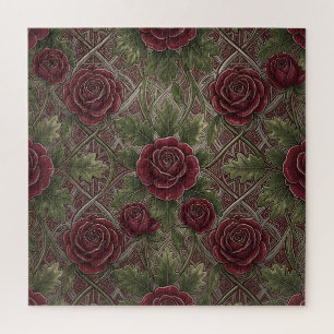 Puzzle Roses bordeaux rouge foncé Treillis orné vert
