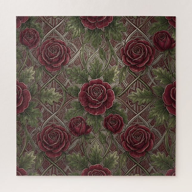 Puzzle Roses bordeaux rouge foncé Treillis orné vert  (Vertical)