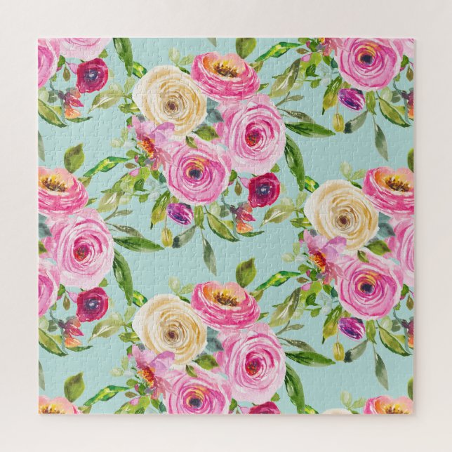 Puzzle Roses d'aquarelle en rose et crème sur Aqua (Vertical)