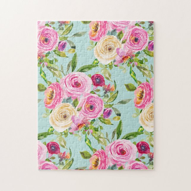 Puzzle Roses d'aquarelle en rose et crème sur Aqua (Vertical)
