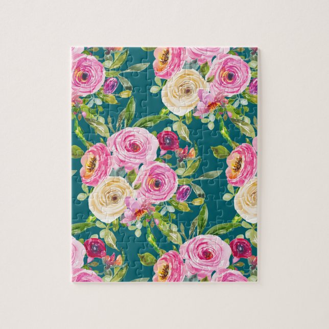Puzzle Roses d'aquarelle en rose et crème sur Turquoise (Vertical)