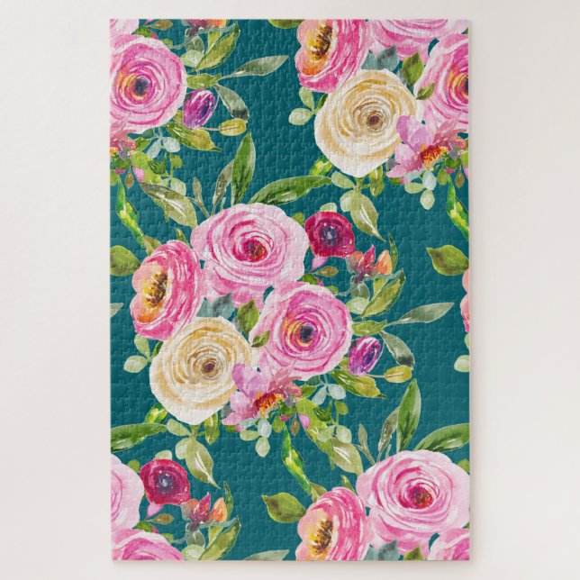 Puzzle Roses d'aquarelle en rose et crème sur Turquoise (Vertical)