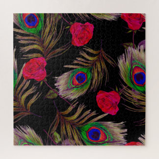 Puzzle Roses d'aquarelle, plumes de paon, décoration.