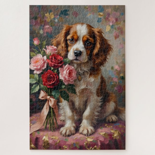 Puzzle Roses de la Saint-Valentin Cavalier King Charles (Vertical)