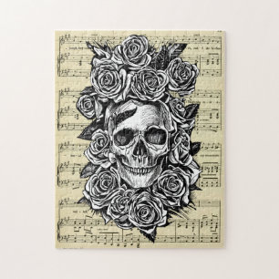 Puzzle Roses du crâne humain Goth Biker Illustration d'ar