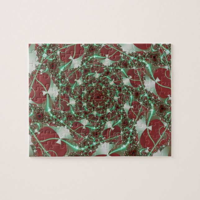 Puzzle Roses | Red and Green Fractal Art (Horizontal)