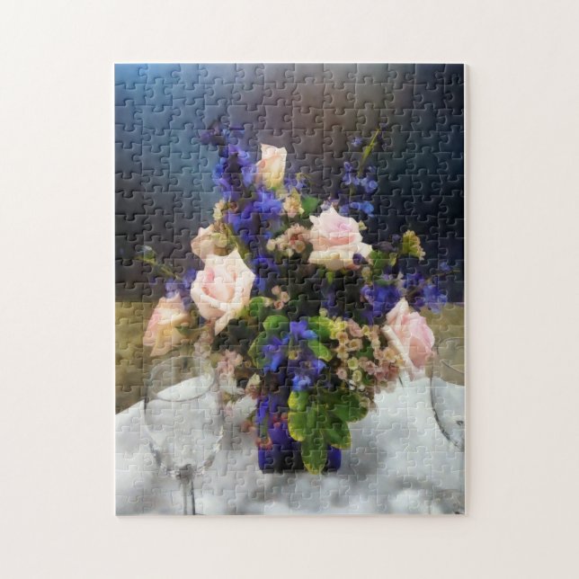 Puzzle Roses roses et delphiniums violets (Vertical)