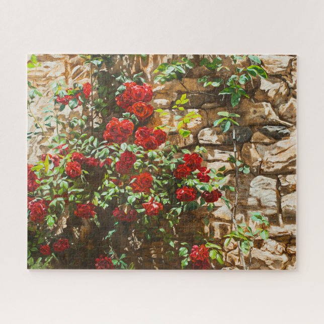 Puzzle Roses rouges contre un mur de pierre (Horizontal)