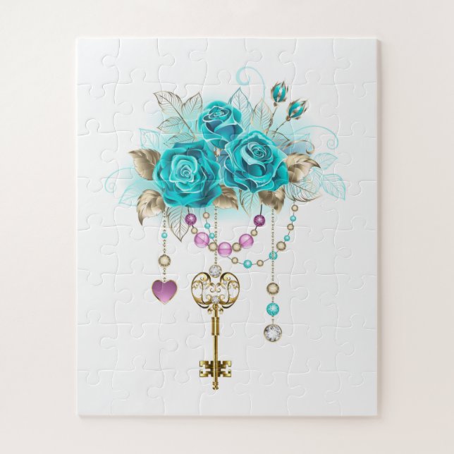 Puzzle Roses Turquoise avec Clés (Vertical)