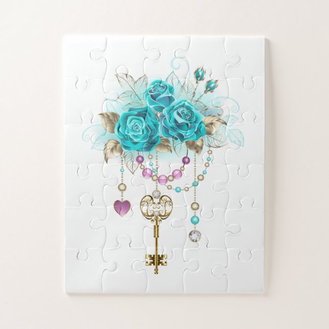 Puzzle Roses turquoise avec touches (Vertical)