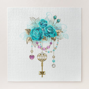 Puzzle Roses turquoise avec touches