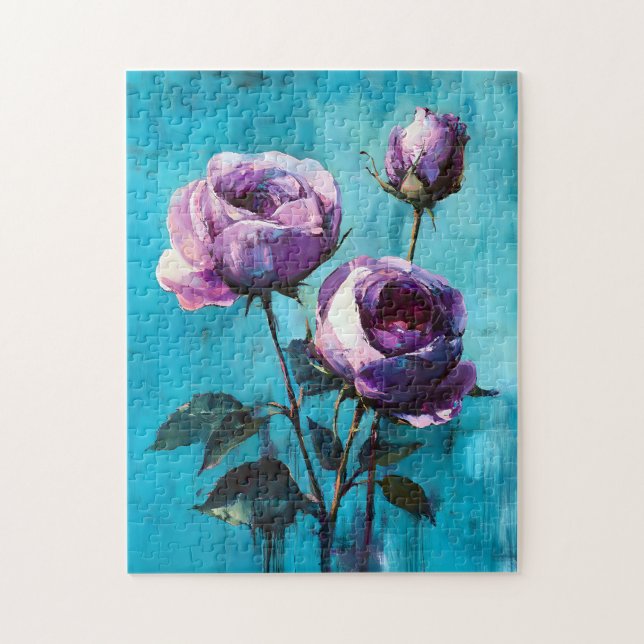 Puzzle Roses violets gras sur bleu (Vertical)