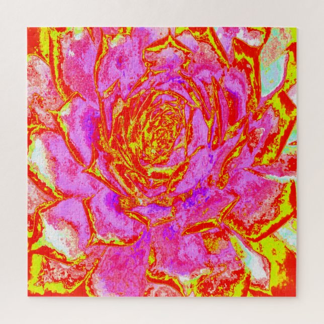 Puzzle Rosette de Sedum Succulent Rose Chaude, Rouge et J (Vertical)