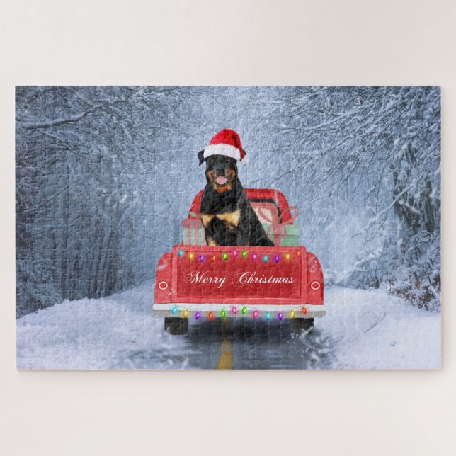 Puzzle Rottweiler assis dans un camion de Noël enneigé (Horizontal)