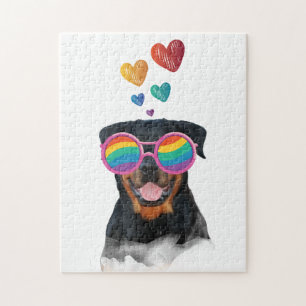 Puzzle Rottweiler Chien avec Coeurs Saint-Valentin