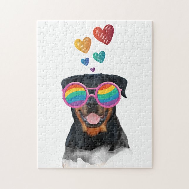Puzzle Rottweiler Chien avec Coeurs Saint-Valentin (Vertical)