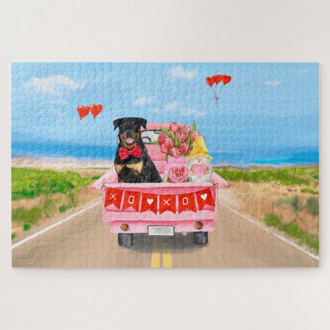 Puzzle Rottweiler Chien Saint Valentin Coeurs de Camion (Horizontal)