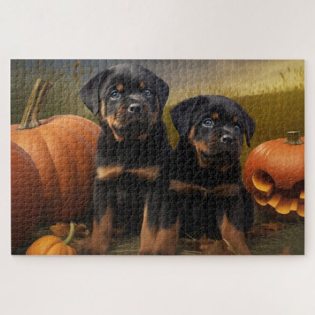 Puzzle Rottweiler Chiot Automne Citrouille de plaisir (Horizontal)
