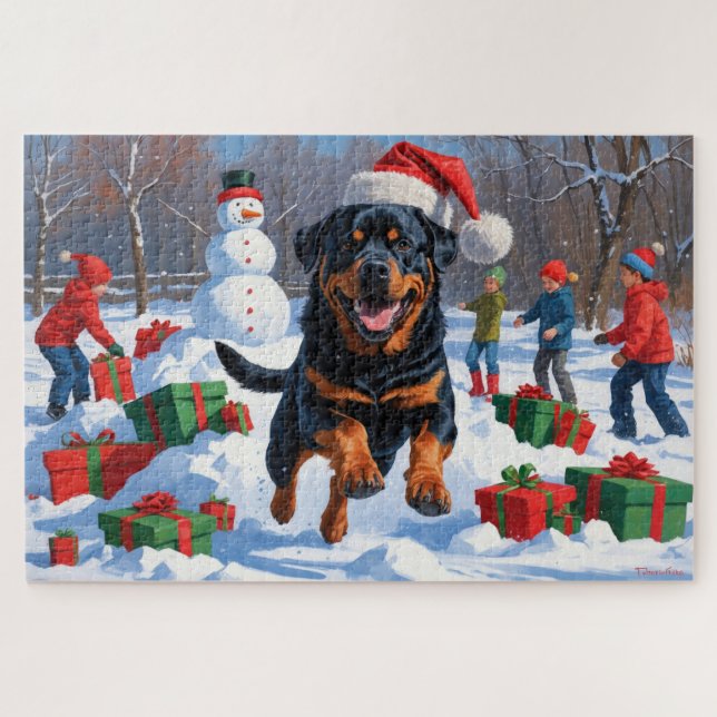 Puzzle Rottweiler courant dans la neige avec un chapeau d (Horizontal)