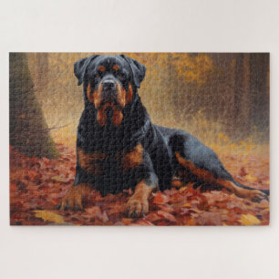 Puzzle Rottweiler dans les feuilles d'automne tombées ins