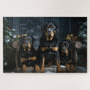 Puzzle Rottweiler enneigé traîneau décoration de Noël