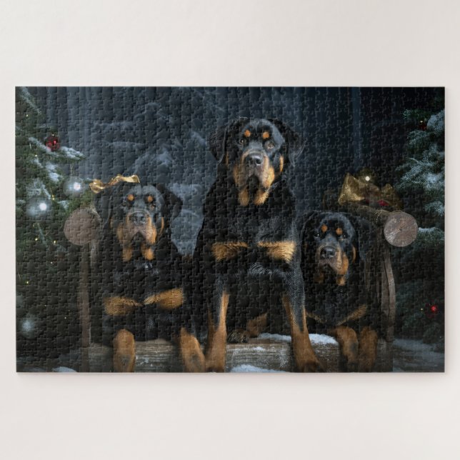 Puzzle Rottweiler enneigé traîneau décoration de Noël  (Horizontal)