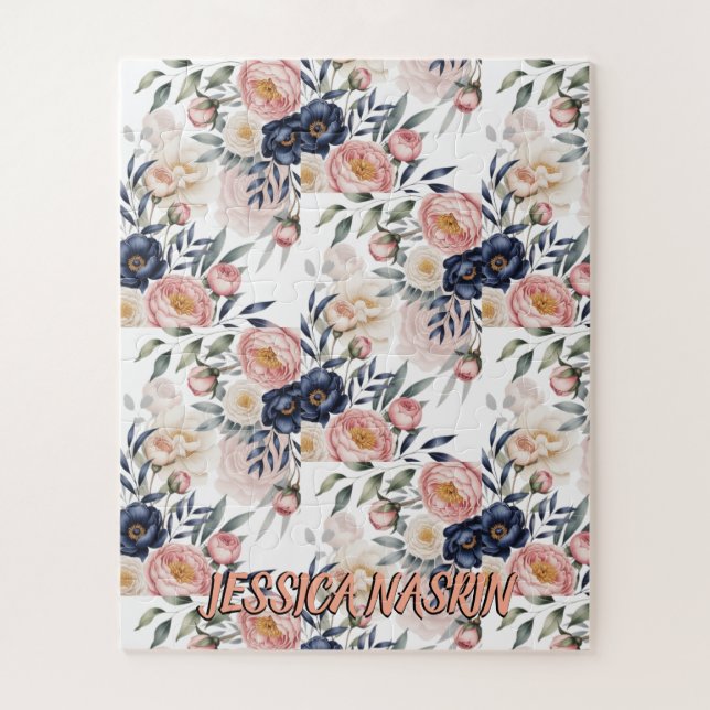 Puzzle Rouge Navy Bleu Douce Pastel Rose Floral (Vertical)