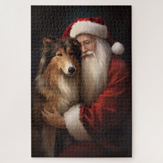 Puzzle Rough Collie Avec Noël Festif Du Père Noël (Vertical)