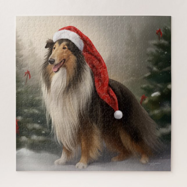 Puzzle Rough Collie Chien dans la neige Noël (Vertical)