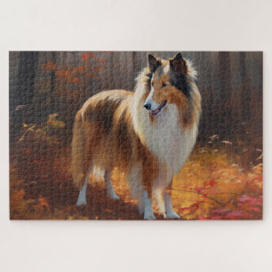 Puzzle Rough Collie dans les feuilles d'automne qui tombe