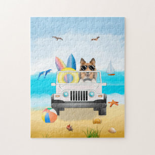 Puzzle rough collie dog driving on Beach
