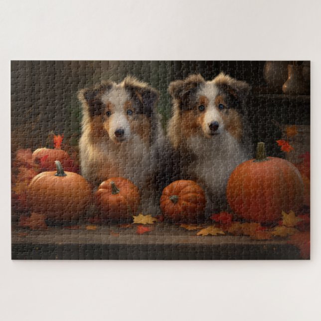 Puzzle Rough Collie Puppy Automne Citrouille de plaisir (Horizontal)