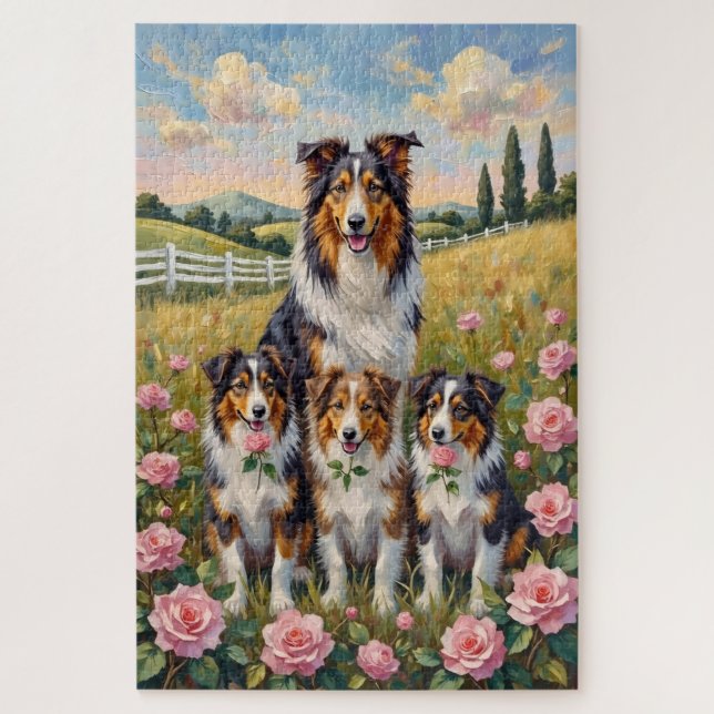 Puzzle Rough Collie Rose Meadow Art (Vertical)