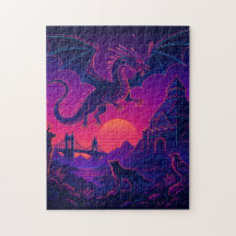 Royaume du dragon néon – Paysage de fantasy synthw