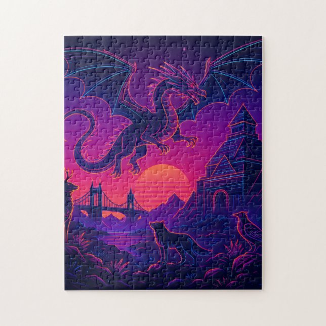 Puzzle Royaume du dragon néon – Paysage de fantasy synthw (Vertical)