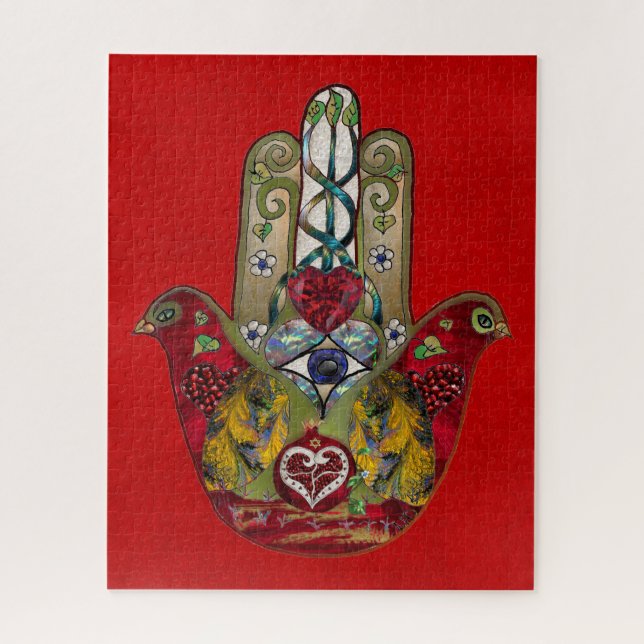 Puzzle Ruby Pomegranate Heart Red Bird Hamsa (Vertical)